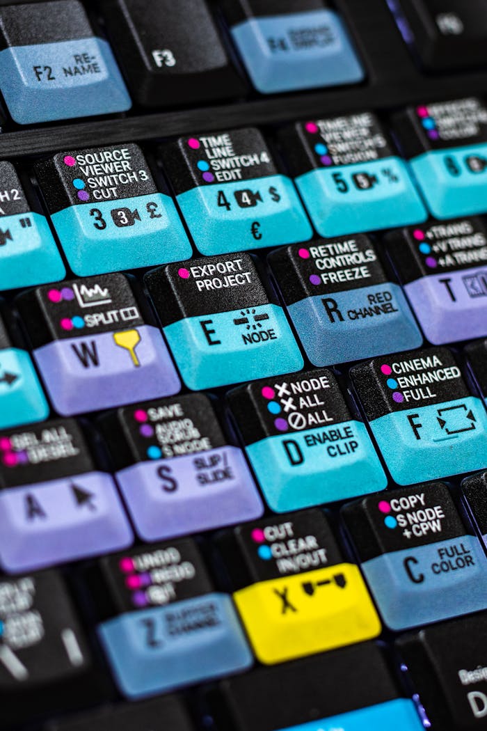 services-01 Detailed shot of a colorful keyboard with labeled editing keys for video software functions.