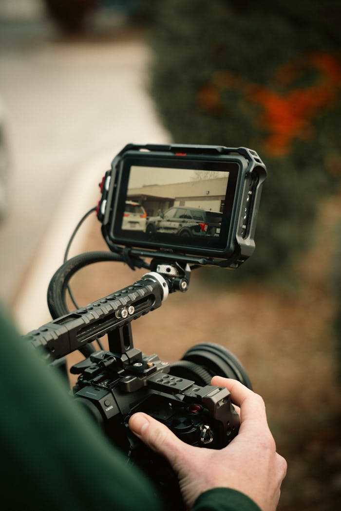 Close-up of a filmmaker capturing an outdoor scene with a high-tech video camera.